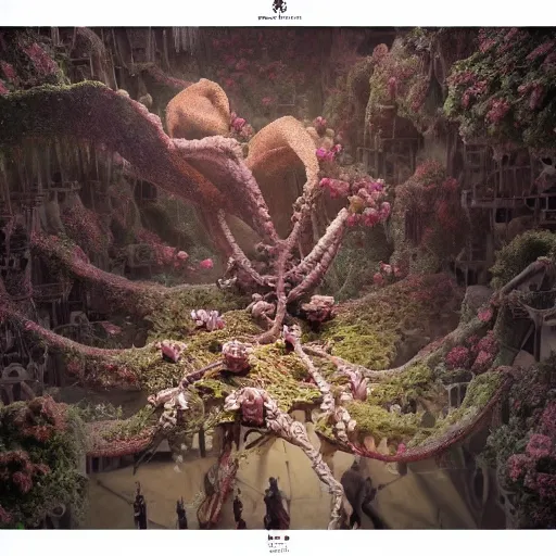 Prompt: intricate human biorobotic organs intertwined with biorobotic flowers, intricate environment, matte painting, cinematic, epic composition, highly detailed, atmospheric, wide angle, artstation trending