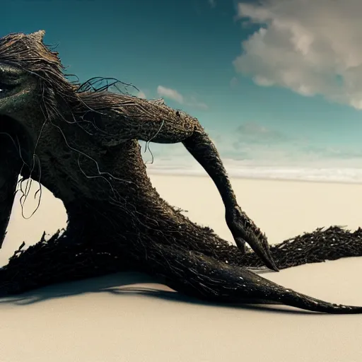Prompt: stunning cinematic wide shot of a beautiful slick sleek smooth humanoid sea monster wearing clothes made of seaweed on a white sand beach, hands grasping large fulgurites. well designed perfect with slick led eyes, sharp claws, cgsociety, hd octane render, fantasy, furry art, artstation, deviantart, furaffinity, very very clean