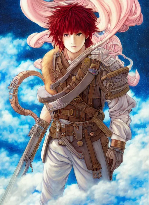 Image similar to prompt : ragnarok online portrait soft light painted by james jean and katsuhiro otomo and erik jones, inspired by akira anime, epic fantasy, a long haired, red headed male sky - pirate in front of an sky - ship, intricate oil painting, high detail illustration, sharp high detail, manga and anime 1 9 9 9