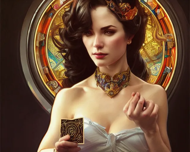 Prompt: royal flush, all in, poker, winner, smirk, deep focus, d & d, fantasy, intricate, elegant, highly detailed, digital painting, artstation, concept art, matte, sharp focus, illustration, hearthstone, art by artgerm and greg rutkowski and alphonse mucha