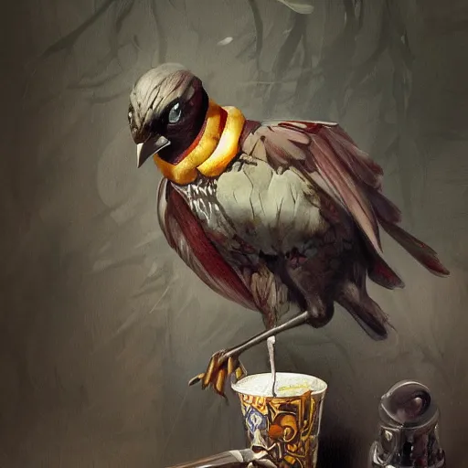 Image similar to anthropomorphic crow in a cafe, highly detailed, digital painting, artstation, concept art, smooth, sharp focus, illustration, art by artgerm and greg rutkowski and alphonse mucha