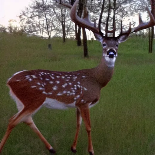 Image similar to trail cam footage of a deer without head with gigantic legs, low quality cursed video