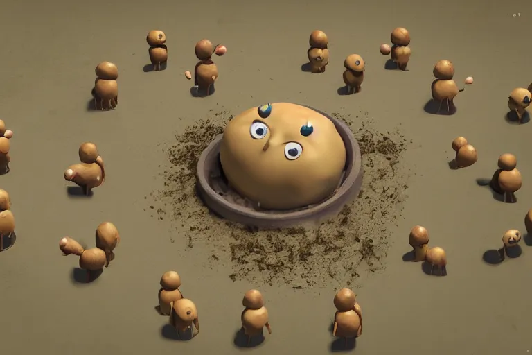 Image similar to the potato king which is a potato appears before the large crowd of his subjects in all his glory wearing his crown, concept art, blender, glossy googly eyes, realistic dirt.