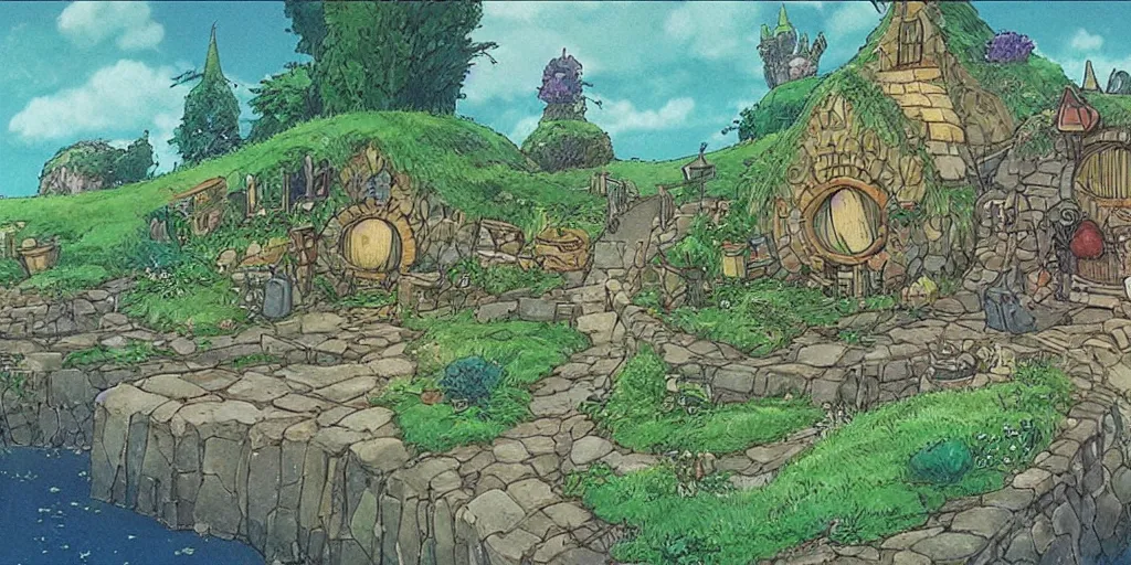 Prompt: a still of a background from howl's moving castle of hobbiton, studio ghibli