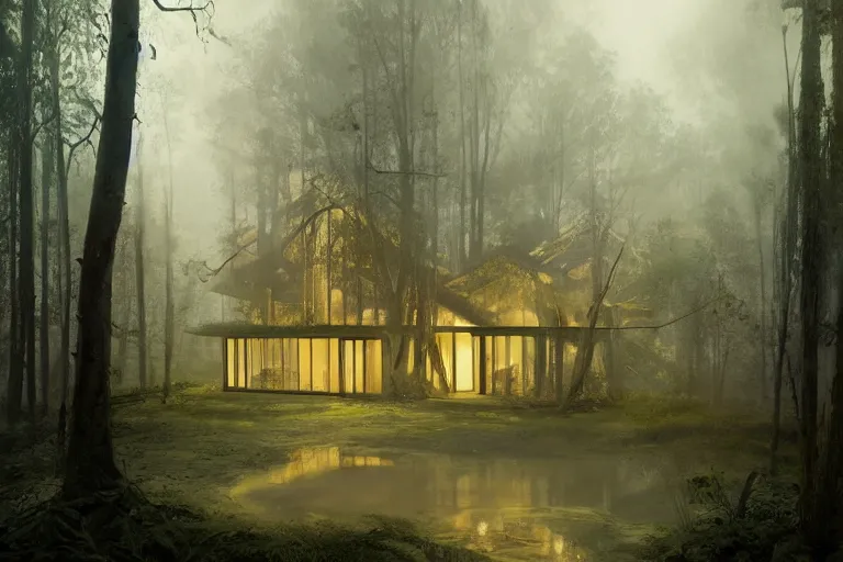 Image similar to a 1 9 5 0 s luminous house in the middle of a dark, gloomy, misty forest enveloped in moss and bark, illustrated by greg rutkowski and gaston bussiere, trending on artstation, intricately defined, complexly detailed, cgsociety contest winner, zbrush, mannerism, 4 k, grim lighting, misty atmosphere