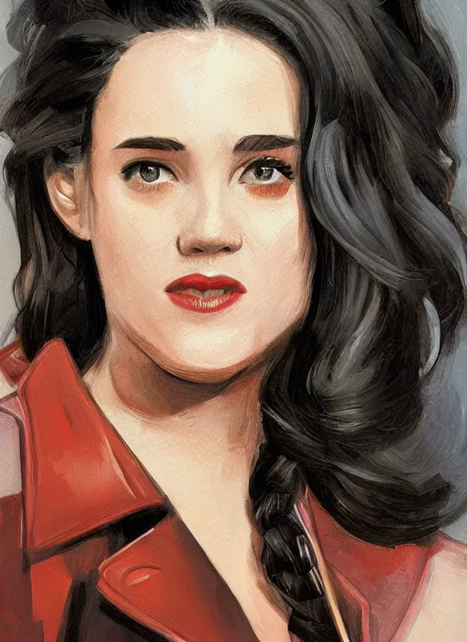 Image similar to detailed artwork by phil noto ; stylized painting of young jennifer connelly from the rocketeer ; brush texture ; asymmetric composition ; paint texture ; trending on artstation ; gallery painting by phil noto in the comic book style of phil noto