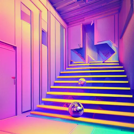 Prompt: a room with a staircase and a disco ball, a 3 d render by mor than, trending on tumblr, crystal cubism, vaporwave, retrowave, synthwave