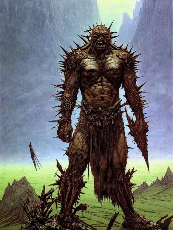 Image similar to A powerful large orc with pale skin covered in scars stands near the mountains, wearing spiky complex detailed armor without a helmet. Extremely high detail, realistic, fantasy art, scars, solo, masterpiece, saturated colors, art by Zdzisław Beksiński, Arthur Rackham