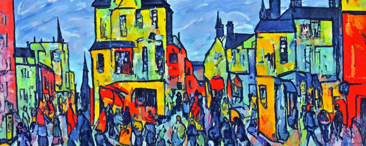 Prompt: a painting of street life in kirkwall orkney, Fauvism, unconstrained, wild, vibrant, bold brushstrokes, simplified
