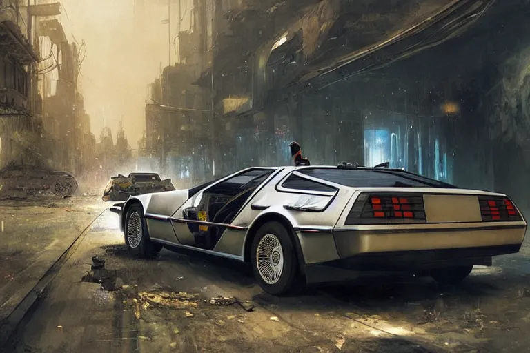 Image similar to photograph of the delorean, with a sleek spoiler, driving down the streets of a cyberpunk abandoned city, by greg rutkowski, by stanley artgerm, by alphonse mucha