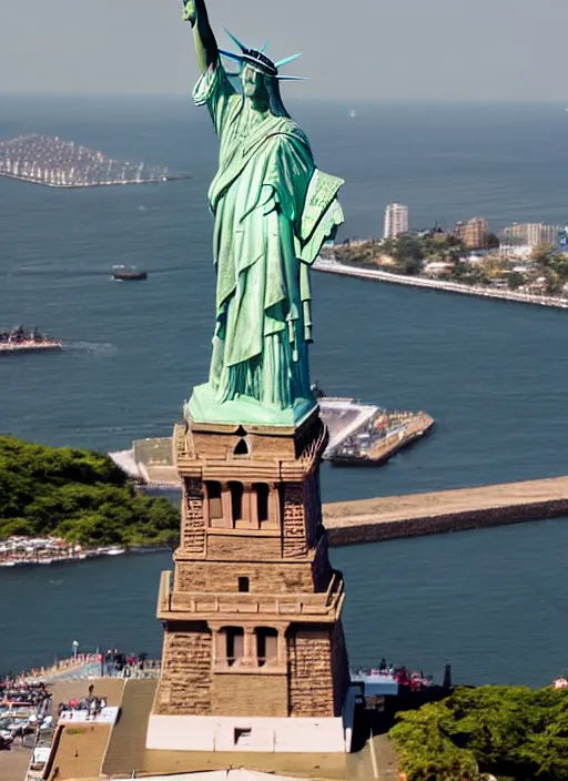 Image similar to the statue of liberty and cristo del corcovado
