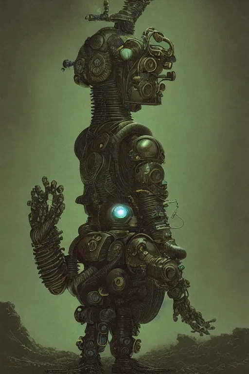 Image similar to hybrid of a chicken and a tech priest, cybernetic enhancements attached to his body, praise the omnissaiah, zdzislaw beksinski, lewis jones, mattias adolfsson, warhammer 4 0 k!!, cold hue's, warm tone gradient background, concept art, digital painting