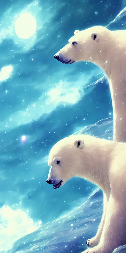 Image similar to a beautiful illustration of a polar bear in space, beautiful woman, wide angle, by makoto shinkai, wu daozi, very detailed, deviantart, 4 k vertical wallpaper, tropical, colorful, airy, anime illustration, anime nature wallpap