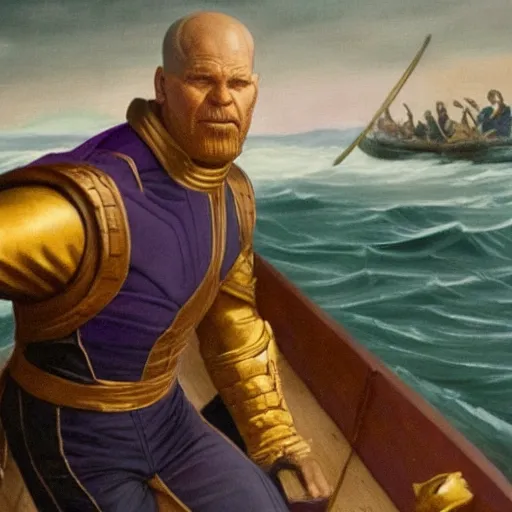 Prompt: painting of thanos crossing the delaware, oil on canvas, highly detailed, faded colors