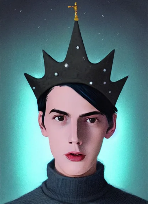 Image similar to portrait of teenage jughead jones wearing a light grey crown, crown, blue turtleneck, 1 9 5 0 s, closed eyes, photorealistic, black hair, glowing lighting, intricate, elegant, glowing lights, highly detailed, digital painting, artstation, concept art, smooth, sharp focus, illustration, art by wlop, mars ravelo and greg rutkowski