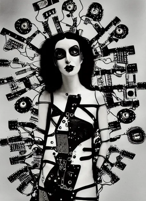 Prompt: Portrait of a punk goth fashion fractal alien girl with a television head wearing kimono made of circuits and leds, surreal photography by Man Ray