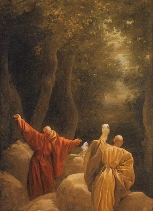 Image similar to elisabeth louise vigee - le brun painting of monks in raising new magical glowing spirit, old master painting,