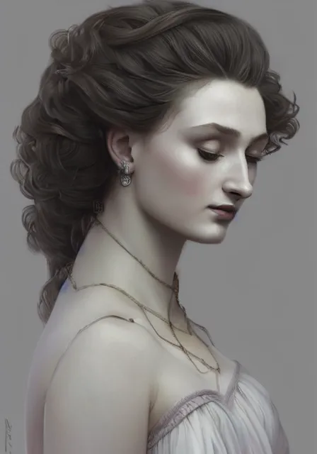 Image similar to sansa portrait in profile with a complex hairstyle with lots of curls, intricate, elegant, highly detailed, digital painting, artstation, concept art, smooth, sharp focus, illustration, art by artgerm and greg rutkowski and alphonse mucha and william - adolphe bouguereau