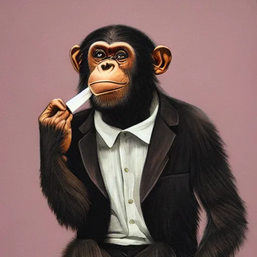 Image similar to a high detail portrait of a chimp wearing a suit 👔,and smoking🚬