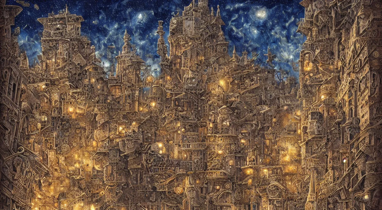 Prompt: guido borelli da caluso, smooth paper with detailed line work, Mandelbulb, Exquisite detail perfect symmetrical, silver details, hyper detailed, bold intricate ink illustration, smooth textures, steampunk, smoke, neon lights, starry sky, steampunk city, liquid polished metal