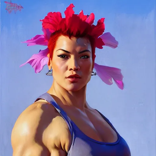 Image similar to greg manchess portrait of hibiscus - man as roided thick muscular weightlifter zarya from overwatch fantasy medium shot, asymmetrical, profile picture, organic painting, sunny day, matte painting, bold shapes, hard edges, street art, trending on artstation, by huang guangjian and gil elvgren and sachin teng