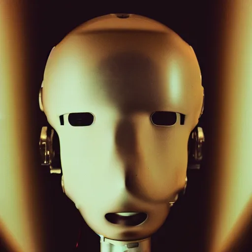 Prompt: close up portrait of a humanoid robot with a light bulb head and light is coming out of it, polaroid, photo taken in a back storage room