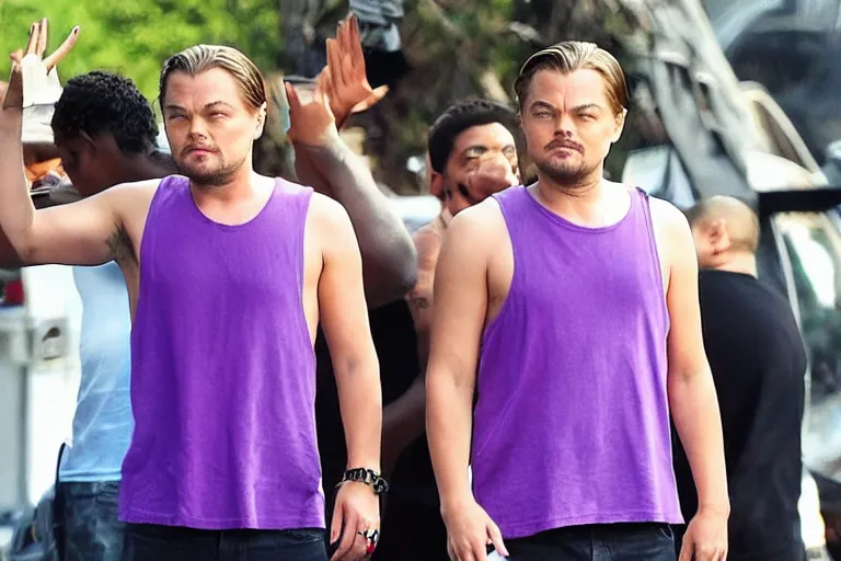 Image similar to medium full shot of leonardo dicaprio as a gang member wearing a purple head covering made from a polyester or nylon material and a stained white tank top caught beating up a rival gang member with his goons, arms covered in gang tattoo, paparazzi, leaked footage, uncomfortable, bad quality