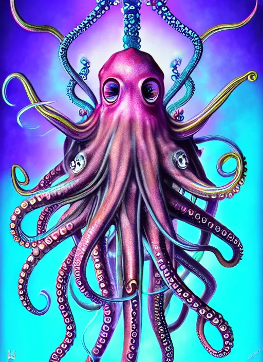 Image similar to beautiful underwater octopus sailormoon demon rainbow accents bio mechanical female symmetry by HR Giger, By Lisa Frank, Highly Detailed trending on artstation 8K