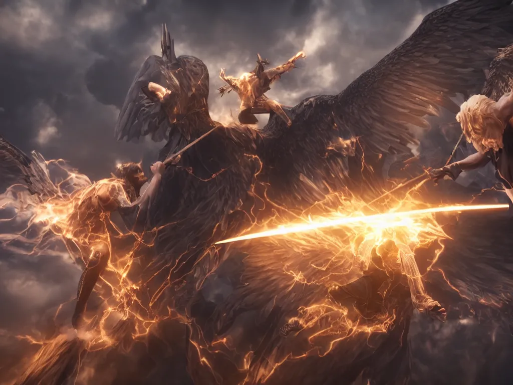 Prompt: lucifer fighting gabriel in a big showdown in heaven, lighting swords, raytracing, close up shot, 4 k