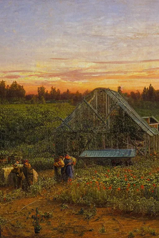 Prompt: greenhouse with harvest at sunrise painting by ivan shishkin