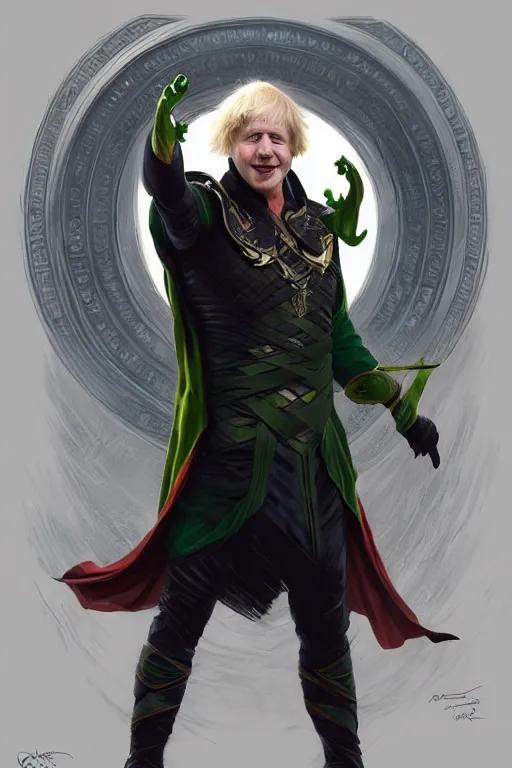 Prompt: Boris Johnson as Loki from Asgard, realistic portrait, symmetrical, highly detailed, digital painting, artstation, concept art, smooth, sharp focus, illustration, cinematic lighting, art by artgerm and greg rutkowski and alphonse mucha