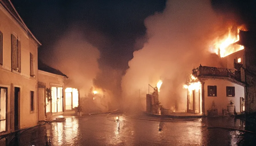 Image similar to 1 9 7 0 s movie still of a heavy burning french style townhouse in a small french village by night, rain, heavy smoke, cinestill 8 0 0 t 3 5 mm, heavy grain, high quality, high detail, dramatic light, anamorphic, flares