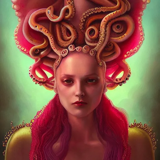Prompt: queen of octopus, portrait, pink and gold, nouveau, beautiful, by Anato Finnstark, Tom Bagshaw, Brom