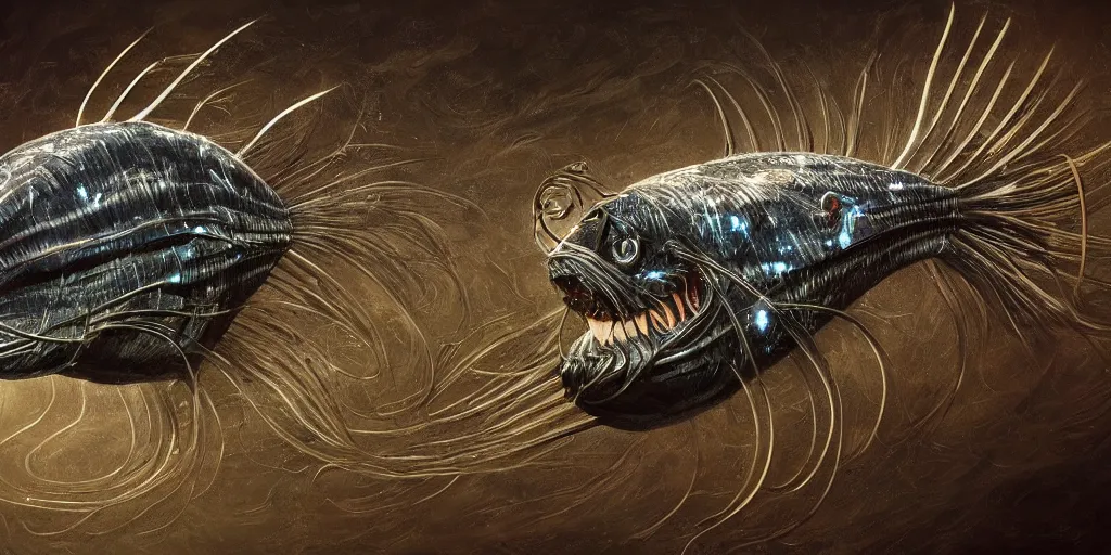 Image similar to angler fish sculpture, stylized layered shapes, long flowing fins, bioluminescent orbs, diffuse lighting, glowing eye, intricate, elegant, highly detailed, lifelike, photorealistic, digital painting, artstation, smooth, sharp focus, art by h r giger