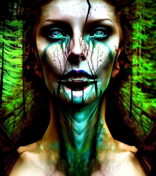 Prompt: double exposure effect, forest and face, single face portrait. complex hyper-maximalist overdetailed beautiful but terrifying, cinematic cosmic scifi portrait of an elegant very attractive but wild and dangerous witch antropomorphic female warrior god by andrei riabovitchev, tomasz alen kopera, oleksandra shchaslyva alex grey and bekinski. Fantastic realism. Extremely ornated with laced bone, branches with big thornes and green poisonous steam. Volumetric soft green and red lights. Omnious intricate. Secessionist style ornated portrait illustration. Poison goddes. Slightly influenced by giger. Zerg human hybrid goddes. Unreal engine 5. Focus on face. Artstation. Deviantart. 8k 4k 64megapixel. Cosmic horror style. Rendered by binx.ly. coherent, hyperrealistic, lifelike textures and only one face on the image.