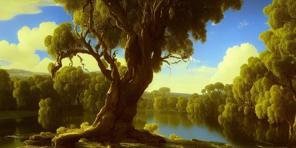 Image similar to landscape painting of a old blue gum tree next to a meandering river by alexei savrasov and thomas cole, artstation