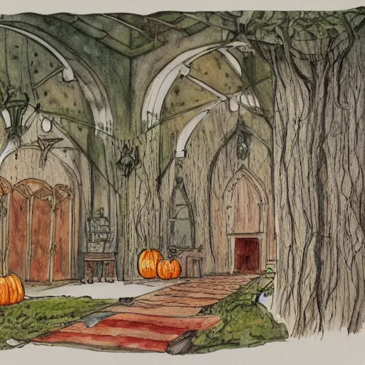 Image similar to interior, the hall in the castle decorated for halloween, in a small clearing among trees, drawn by hayao miyazaki, watercolor illustration for a book