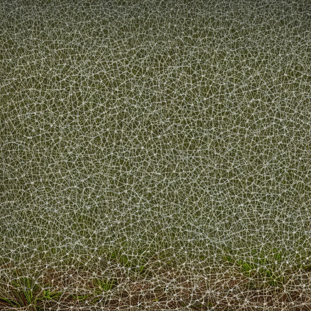 Prompt: radial shaped, electrostatic fog condensing mesh system, irrigating plants in the australian desert, natural light, high quality photograph, depth of field, simple composition
