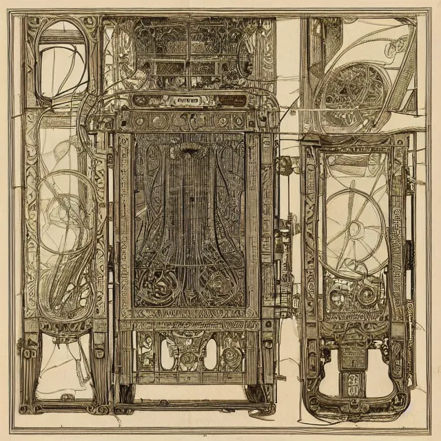 Image similar to beautiful, symmetric, art nouveau, detailed, intricate technical drawings on parchment from 1 8 4 0 with extensive written labels and covered in scribbled pencil notes in open space, for a mechanical display attachment to babbage's difference engine, showing a screen playing tetris, by ron cobb and alphonse mucha