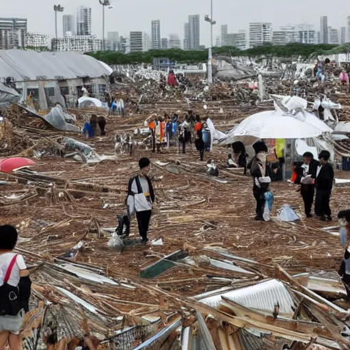 Prompt: Comiket was hit by a super typhoon, realistic, detailed, dramatic