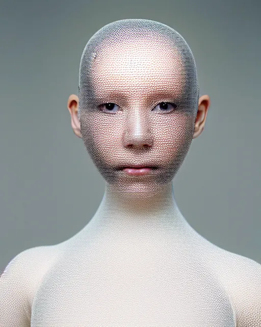 Prompt: portrait of a woman wearing a white embroidered translucent silicone mask and white frizzy hair buns, wearing a black bodysuit by alexander mcqueen, cream white background, soft diffused light, biotechnology, humanoide robot, bjork aesthetic, translucent, by rineke dijkstra, intricate details, highly detailed, masterpiece,