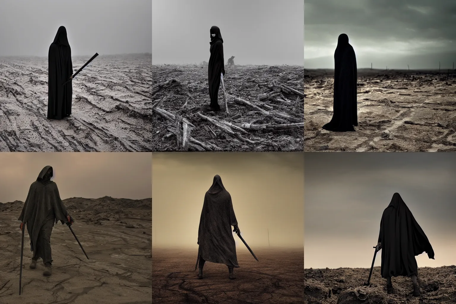 Prompt: the grim reaper draped in ash in a desolate wasteland + cinematic lighting, 8k, bone