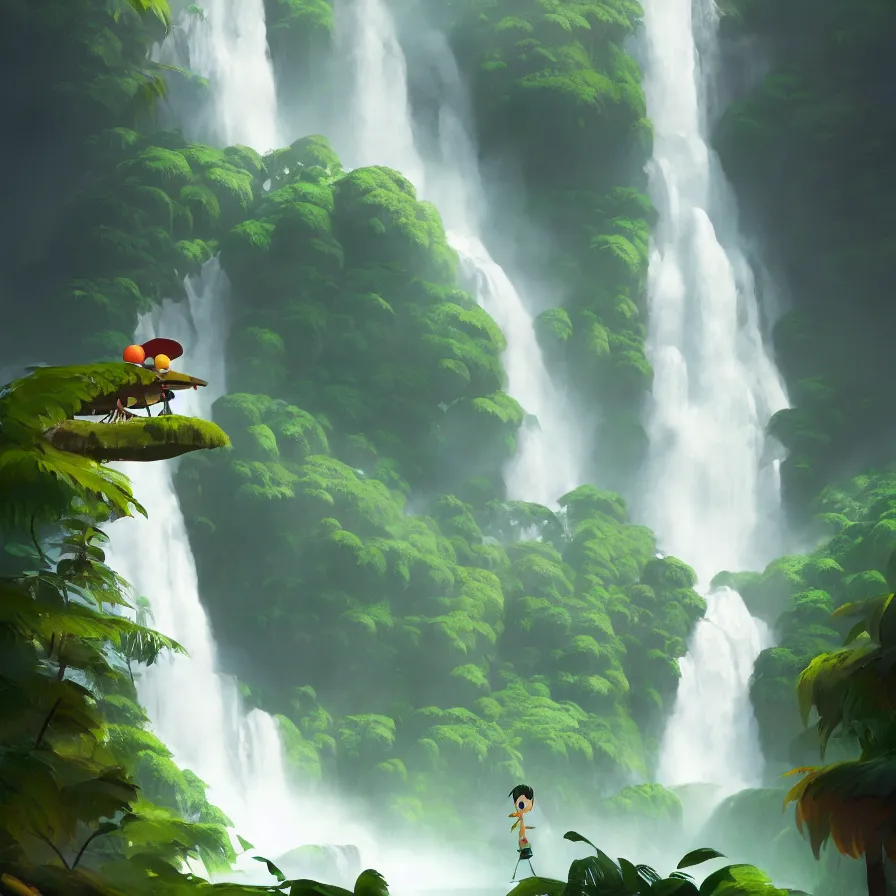 Prompt: Goro Fujita illustrating Front view of a gigantic waterfall surrounded by the Amazon, concept art, sharp focus, ArtStation