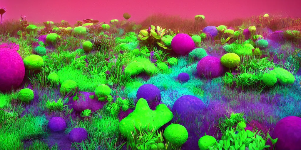 Image similar to color aberration meadows with various types of plants made out of alien materials, abstract!!!!!!!!!!!!!. colorful, psychedelic, 4k, octane render, trending on artstation