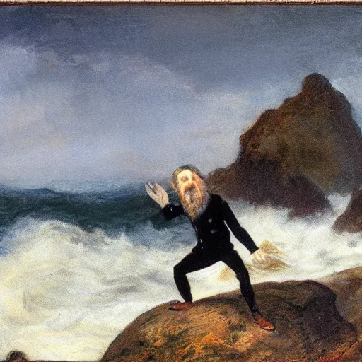 Image similar to painting of a person standing on a rock with waves crashing around by friedrich