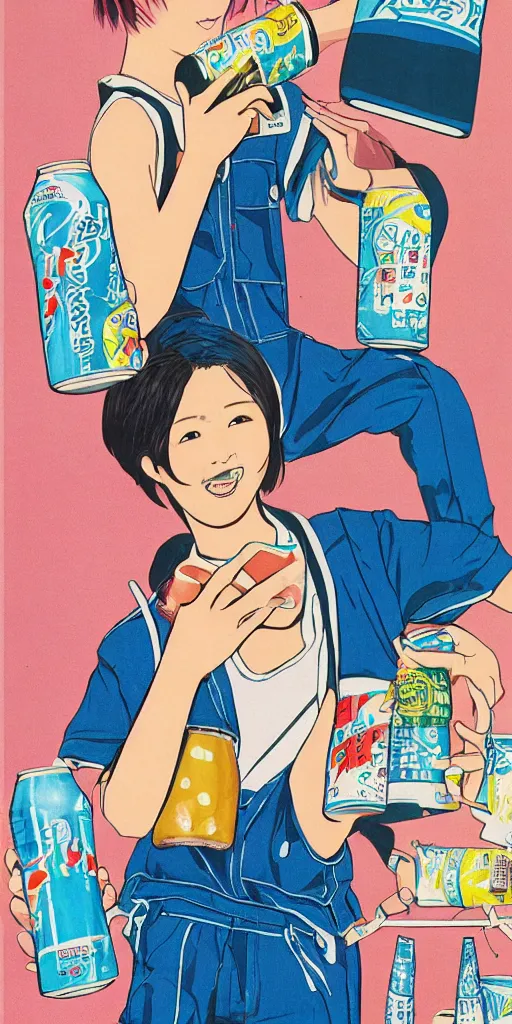 Prompt: y 2 k aesthetic japanese pop - culture magazine illustration, girl in tank - top and denim jump suit holding a can of soda near her smiling face