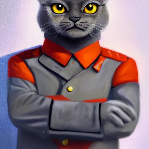 Prompt: Portrait painting of an anthropomorphic gray cat wearing as Soviet leader, as an Overwatch character, medium shot, asymmetrical, profile picture, Organic Painting, sunny day, Matte Painting, bold shapes, hard edges, street art, trending on artstation, by Sergey Kolesov