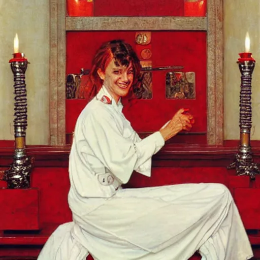 Image similar to a frontal portrait of a priestess, dressed in white and red, ( with a smile that hurts header face ), by donato giancola and norman rockwell.