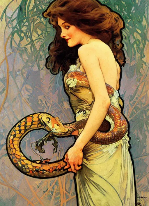 Prompt: an art nouveau copic maker impresionist painting of a woman holding a snake by john berkey by stanley artgerm lau, alphonse mucha, loish, norman rockwell