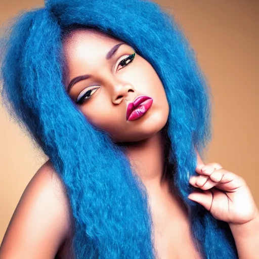 Prompt: a realistic model photoshoot of a black girl with blue afro hair, beautiful, model, professional picture, realistic, 4 k, bright light, portrait